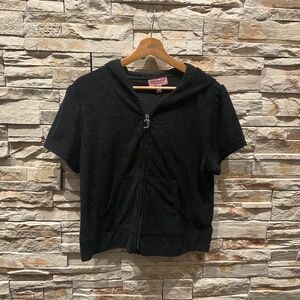 Juicy Couture Velour Terry Short Sleeve Zip Up  Black  Rhinestone  Hoodie, XL